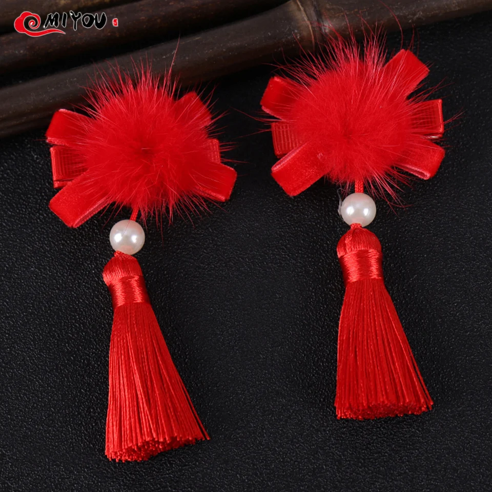 Китайские заколки для волос с плюшевыми шариками и кисточками красная повязка на