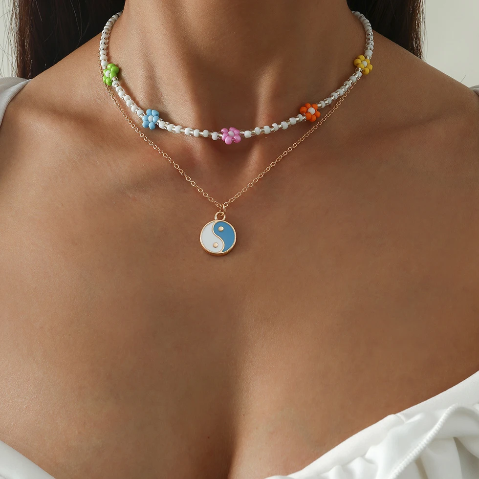 

Multilayer Beads Choker Chain Necklaces For Women Drip Glaze Yin Yang Pendant Necklace Daisy Flower Charms Acrylic Chains Women