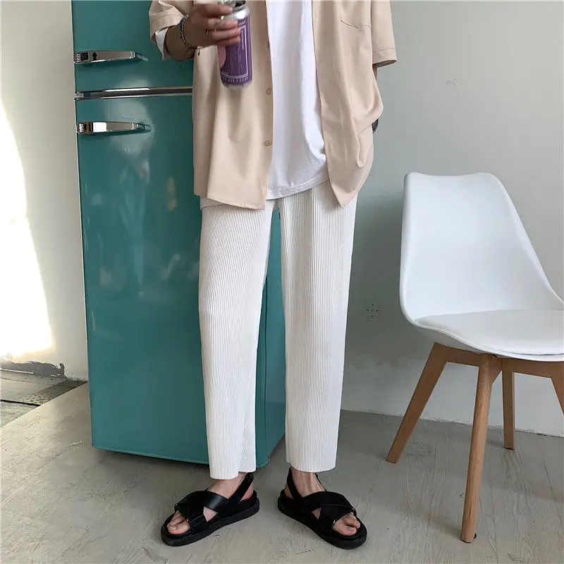 

Pleated Straight Pants Men's Fashion Elastic Waist Casual Pants Men Streetwear Loose Ice Silk Trousers Mens Wide Leg Pants S-2XL
