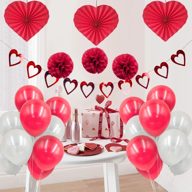 

27Pcs/Set Romantic Wedding Heart Ballons Lantern Fans Set, Valentine Day Birthday Party Decorations