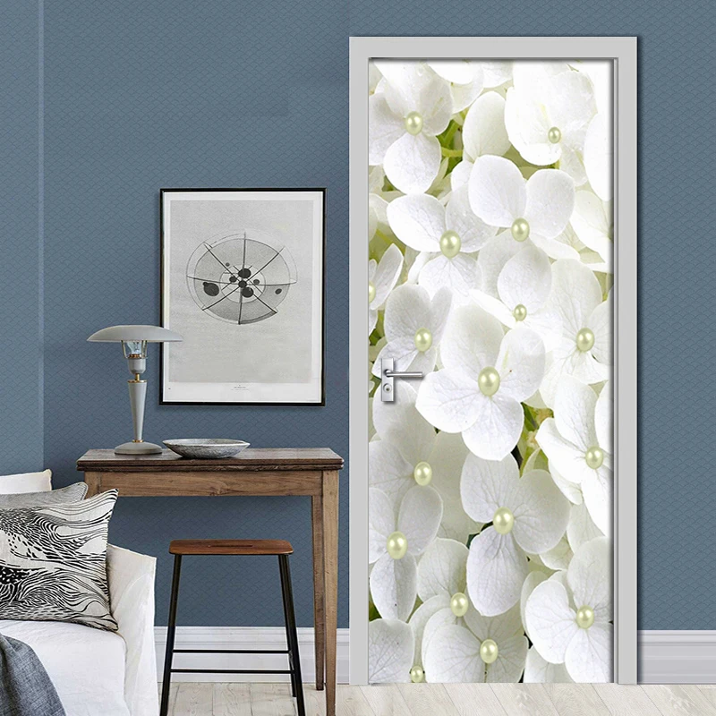 

2Pcs/set PVC Self-adhesive 3D Removable Door Sticker White Flower Pearl Wallpaper Living Room Door Decor 3D Decal Wall Sticker