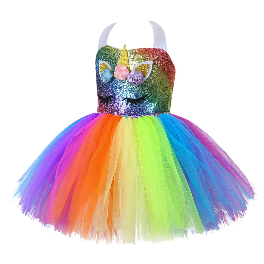 Платье пачка с радужными блестками и единорогом для девочек комплект одежды дня