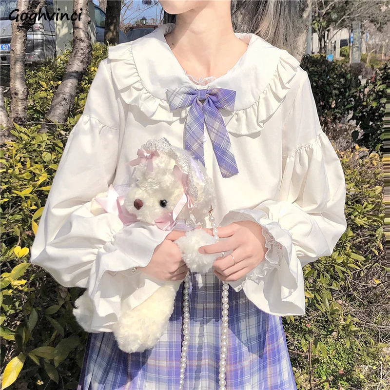 

Long Puff Sleeve Shirts Women Solid Peter Pen Collar Ruffles Sweet Kawaii Fairy Retro Fashion Ulzzang Teens All-match Blouses