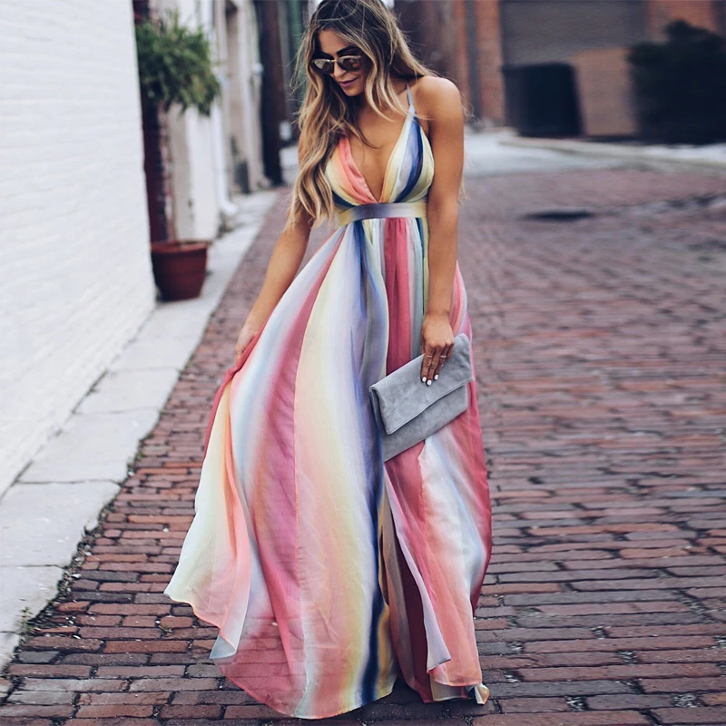 2020 длинное полуофициальное платье с градиентом радужной расцветки, крест-накрест на спине, длина в пол, повседневная одежда от AliExpress WW