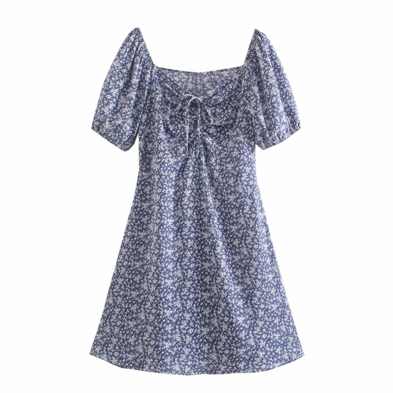 

Summer Women Drawstring Lace Up Printed Mini Dress Female Puff Sleeve Clothes Casual Lady Loose Vestido D7565