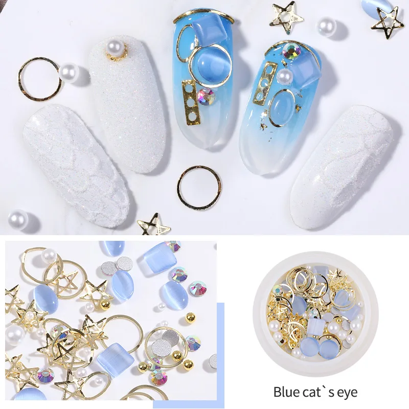 Blue PinPai Смешанные 3D кошачий глаз опал камни для дизайна ногтей украшения аксессуары из стразов прозрачный кристалл украшения ногтей золотые серебряные заклепки - Цвет: Blue