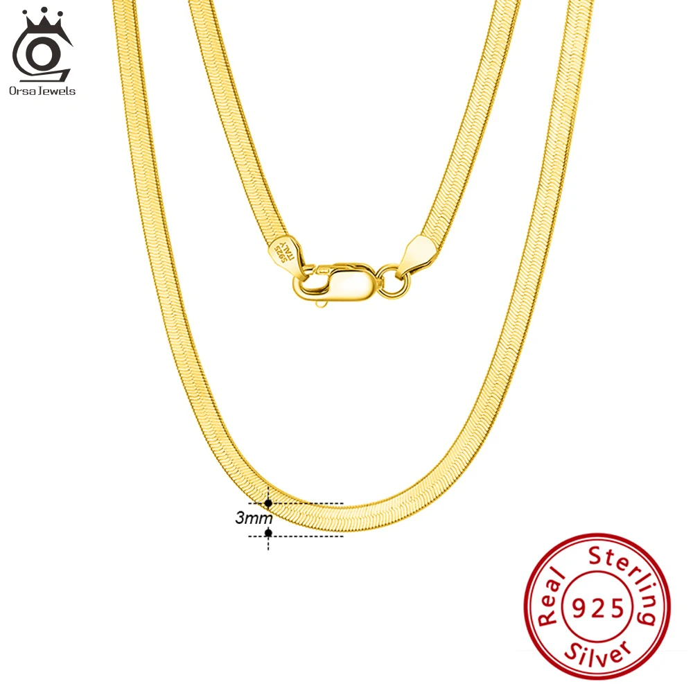 

ORSA JEWELS Italian 18k Gold Plated 3mm Flexible Flat Herringbone Chain 925 Silver Chain Necklace for Women Men Jewelry SC35