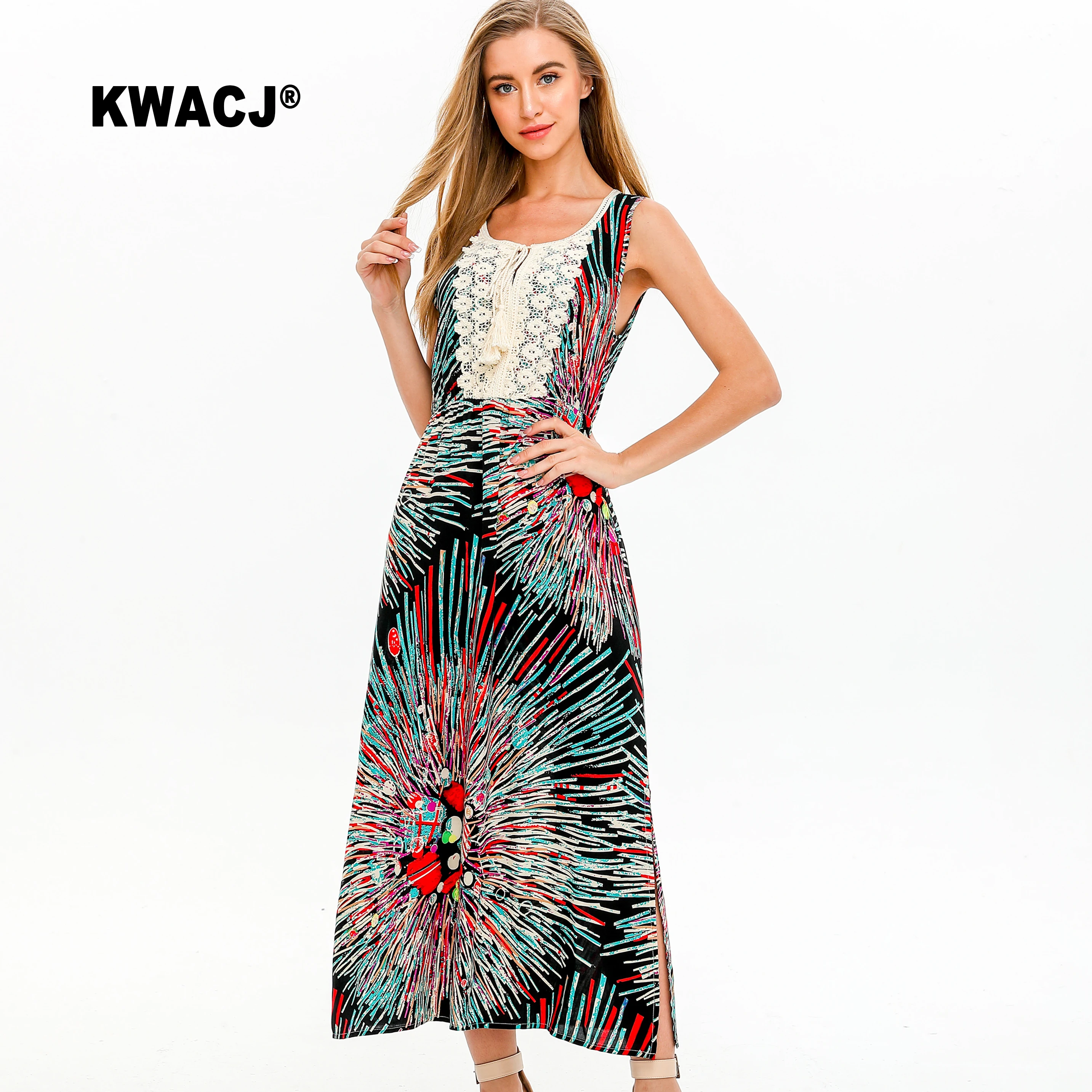 KWACJ многоцветные богемные Длинные платья женские летние 2019 кружевные вечерние с