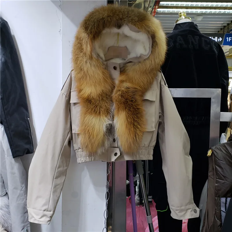

2021 New Winter Parka Women's High Waist Rabbit Fur Liner Fox Fur Collar Short Thickened Parkas Warm Cotton-padded Coat Femme