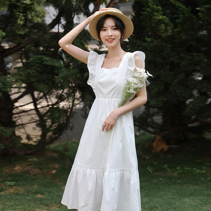 

New Simple Casual Solid White Pure Cotton Holiday Style High Waist Fashion Mid-Calf Summer Dress For Women Vestidos
