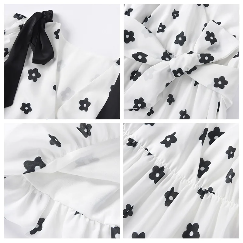 

Black Floral White Dress Women 2021 Summer Dress V-Neck Bows Puff Sleeve Mini Dress Vestido De Mujer