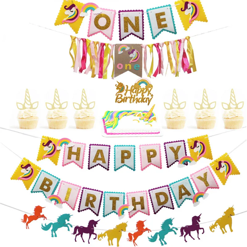 

Unicorn First Birthday Party Happy Birthday Banner Pull Flower Unicorn Cake Topper Baby Shower Favor Decoration Supplies ww100