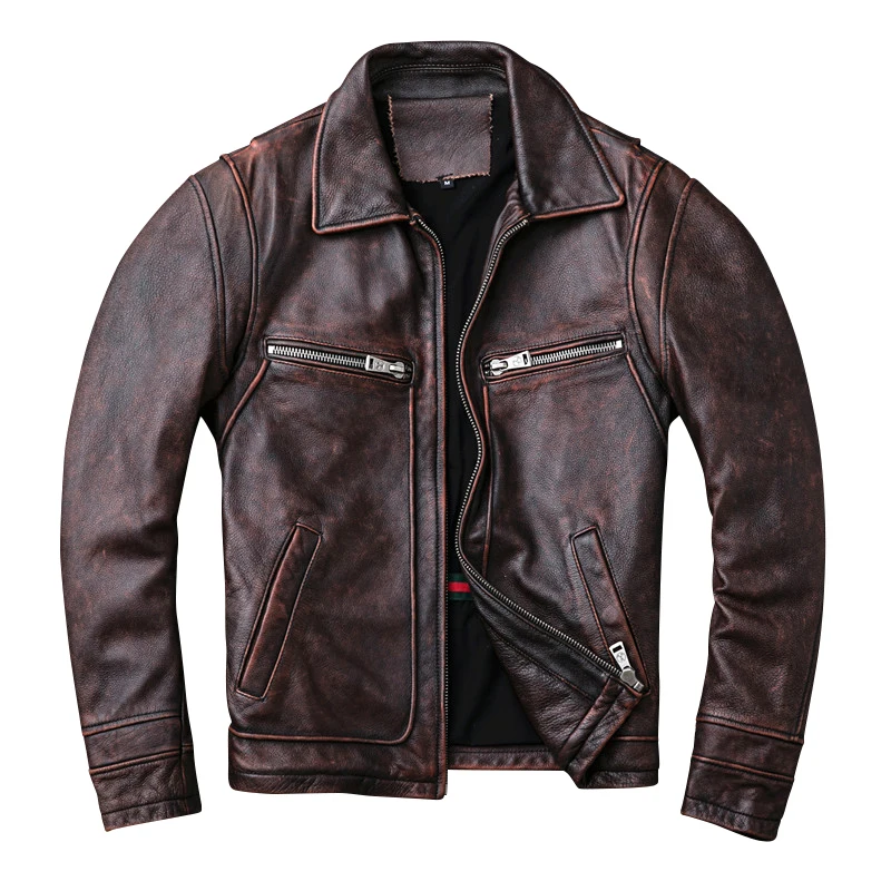 

2020 Vintage Brown Men American Casual Style Jacket Plus Size XXXXXL Genuine Thick Cowhide Autumn Leather Coat