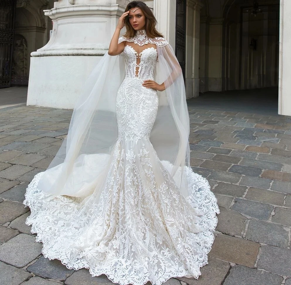

Lace Mermaid Wedding Dresses With Tulle Shawl cape Slim Elegant China Bridal Gowns Vestido Noiva Sereia