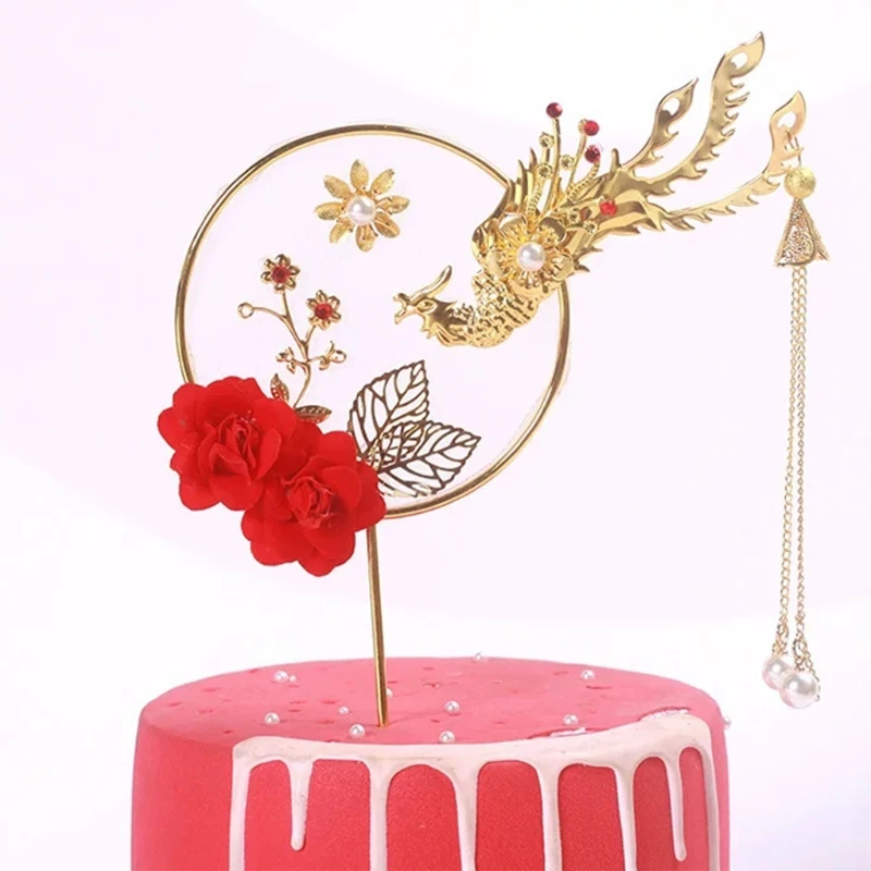 

Alloy Phoenix Cake Decoration Red Rose Cake Topper for Anniversary Party Decor