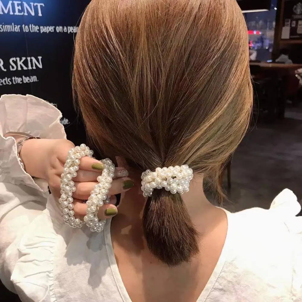 

2021 New Korean fashion woman pearl hair accessories gold thread high elastic rubber band hair ring hair scrunchies