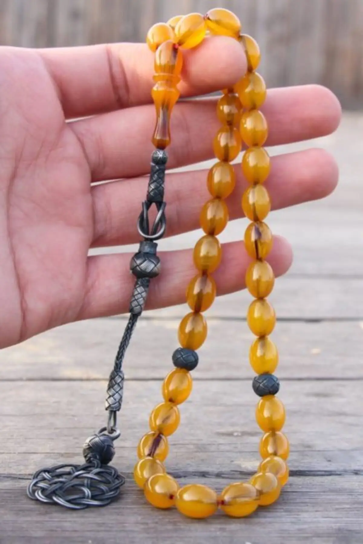 

Silver Kazaz Tassels Fire Amber Prayer Beads