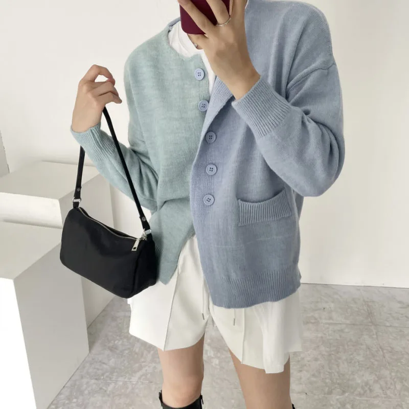 

Женский трикотажный кардиган с круглым вырезом, длинным рукавом