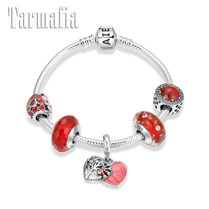 

Genuine Sterling Silver 925 Charm Snake Chain Bracelets Pink Enamel Hearts Life Tree Beads Original Jewelry Valentine Gift 2021