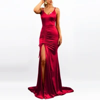 split front drawsting long strappy satin dress backless sleeveless sexy mermaid eveing party maxi dress gown