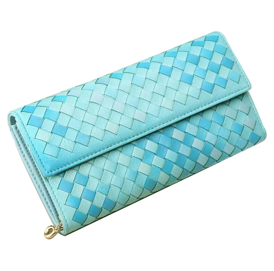 Light Blue Кошелек из овечьей кожи, Женский Длинный кошелек из натуральной кожи, Женский кошелек, вязаный модный стиль - Цвет: Light Blue