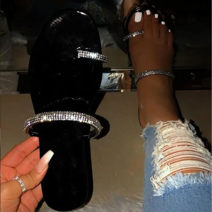 

2020 Women Plus Size Sandals Bling Crystal Summer Woman Beach Flat Shoes Women's Outdoor Flip Flop Ladies Soft Bottom Slippers