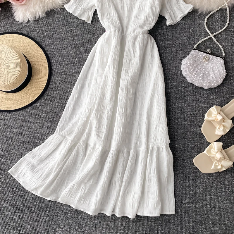 

Women White Dress Summer Elegant V-neck Single-breasted Short Flare Sleeve Vintage Dresses Female 2021 Korean Chic Robe Mujer