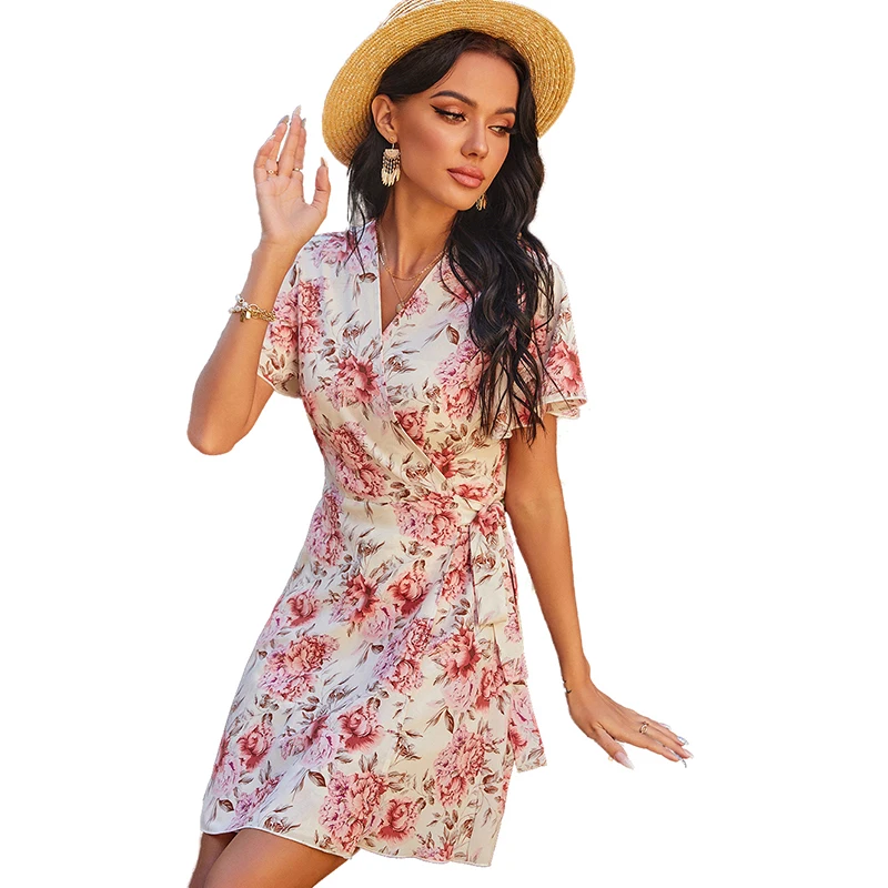

Summer Printed Floral Sexy Mini Dress Women Clothes High Waist Casual Loose Short Sleeve V-Neck Holiday Party Dress