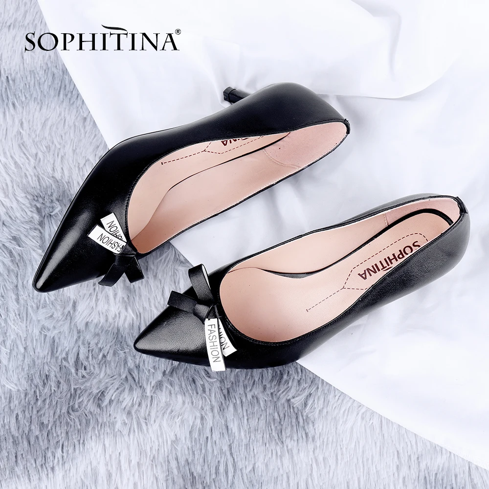 

SOPHITINA Office Women Pumps Concise Pointed Toe Thin Heels Butterfly-Knot Decoration Shoes High Quality Sheepskin Pumps PC643