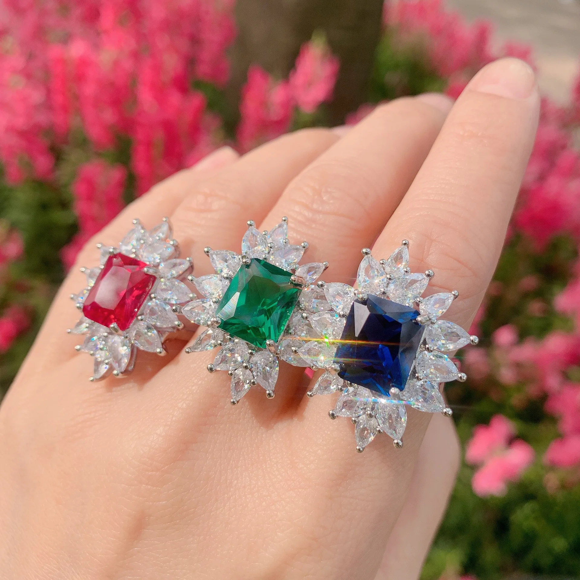 

QTT Luxury Rectangle Cubic Zirconia Rings For Women Fashion Emerald Tourmaline Gemstone Finger Rings Zircon Statement Jewelry