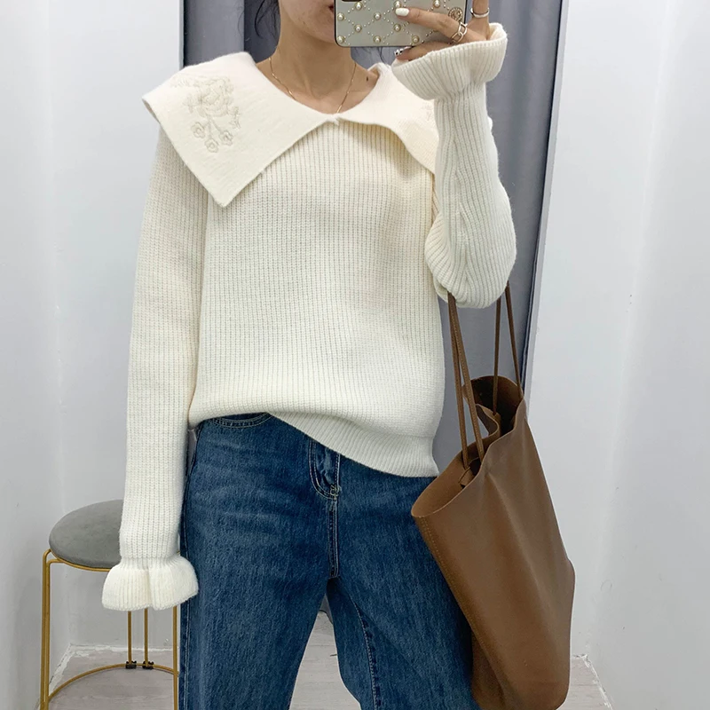 

MXTIN Fashion Embroidery Knitted Sweater Women 2020 Vintage Turn-down Collar Long Sleeve Female Pullovers Casual Party Tops