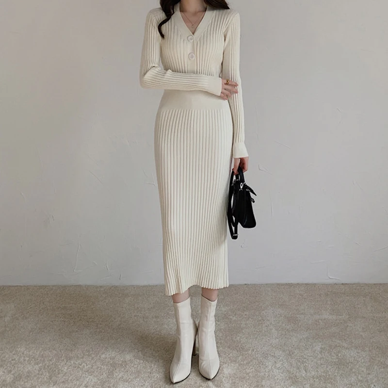 

The New Autumn Winter Waist Thin Temperament Elegant Wrapped Elastic V-Neck Hepburn Style Knitted Black Dress