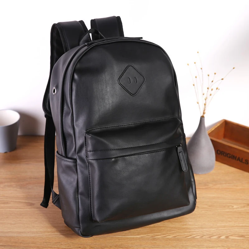 

VICUNA POLO Solid Black Leather Backpack For Men Cool Trendy High School Student Bookbag Durable Travelling Laptop Backpacks