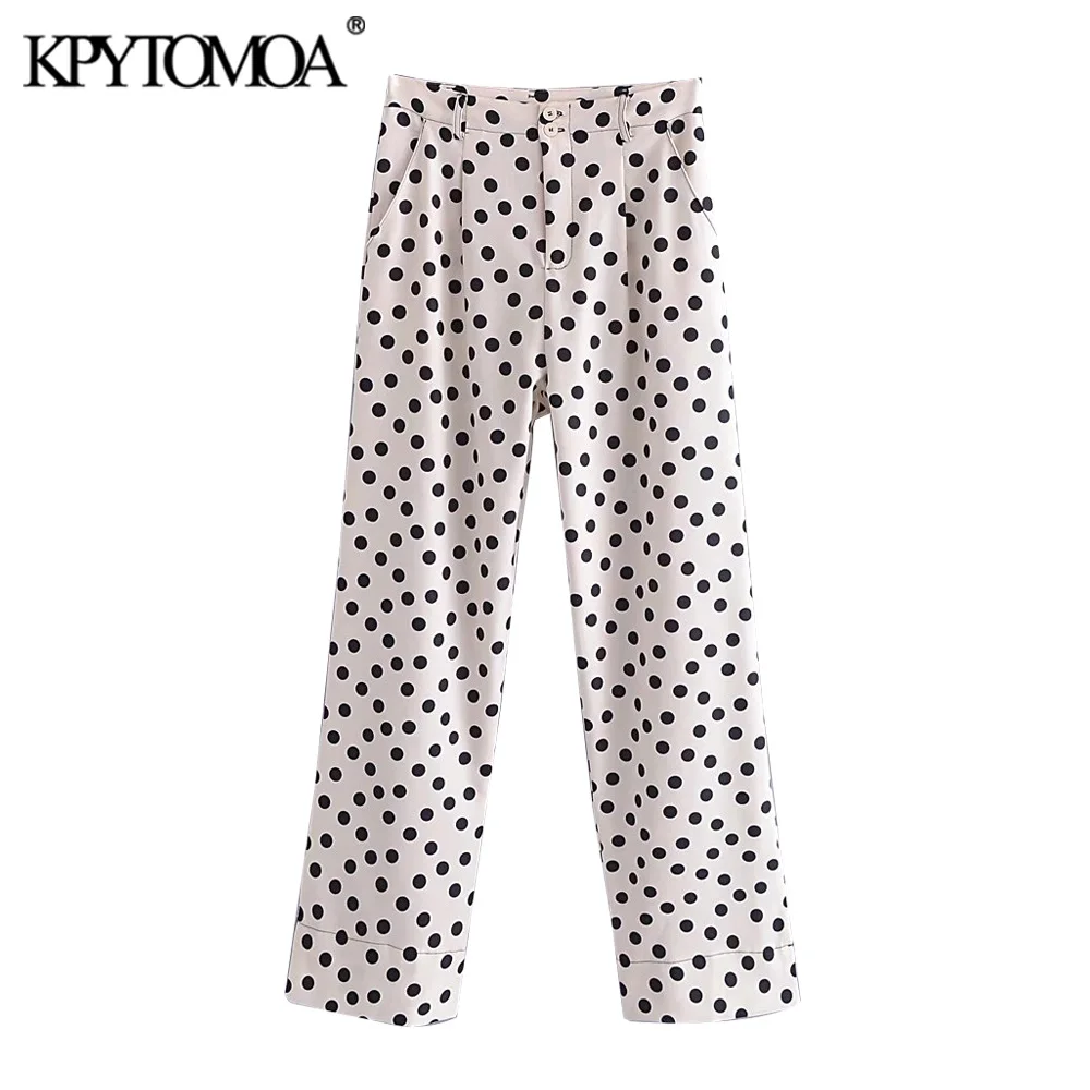 

KPYTOMOA Women 2021 Fashion Side Pockets Polka Dot Flowing Wide Leg Pants Vintage High Waist Zipper Fly Female Trousers Mujer