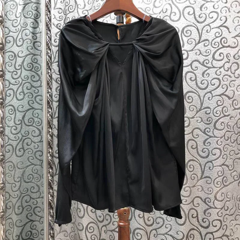 

VGH White Elegant Shirts For Women V Neck Long Sleeve Hollow Out Ruched Slim Korean Blouses Female 2021 Fashion Spring Clothing