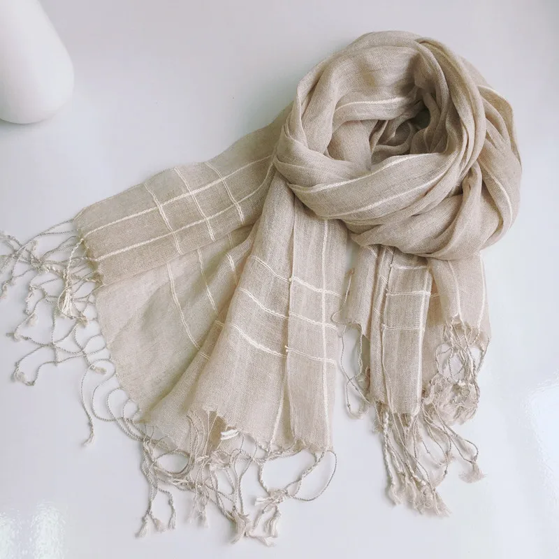 

Natural Linen Scarf Plaid Mens Long Classic Vintage Fringed Soft Thin Type Women Autumn Spring Summer Travel Wrap Fashion