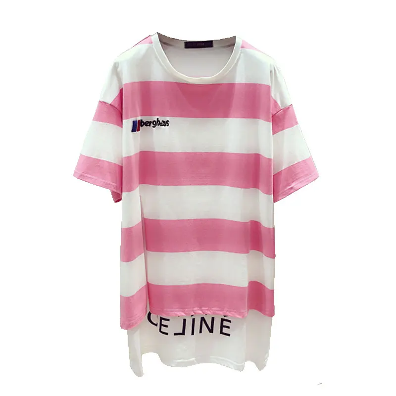

2021 Summer New Loose Fake Two Piece T Shirt Striped Short Sleeved T-shirt Women's Asymmetric Korean Style Oversized Girls' Top