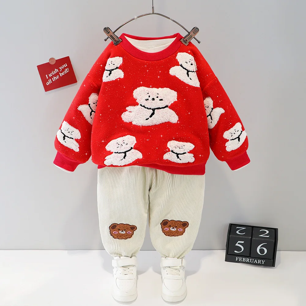 

Winter Newborn Boy Clothes Thicken Velvet Infant Girl Sets Cartoon Sweatshirt+Pants Two Piece Suit Casual Toddler Kids Outfits