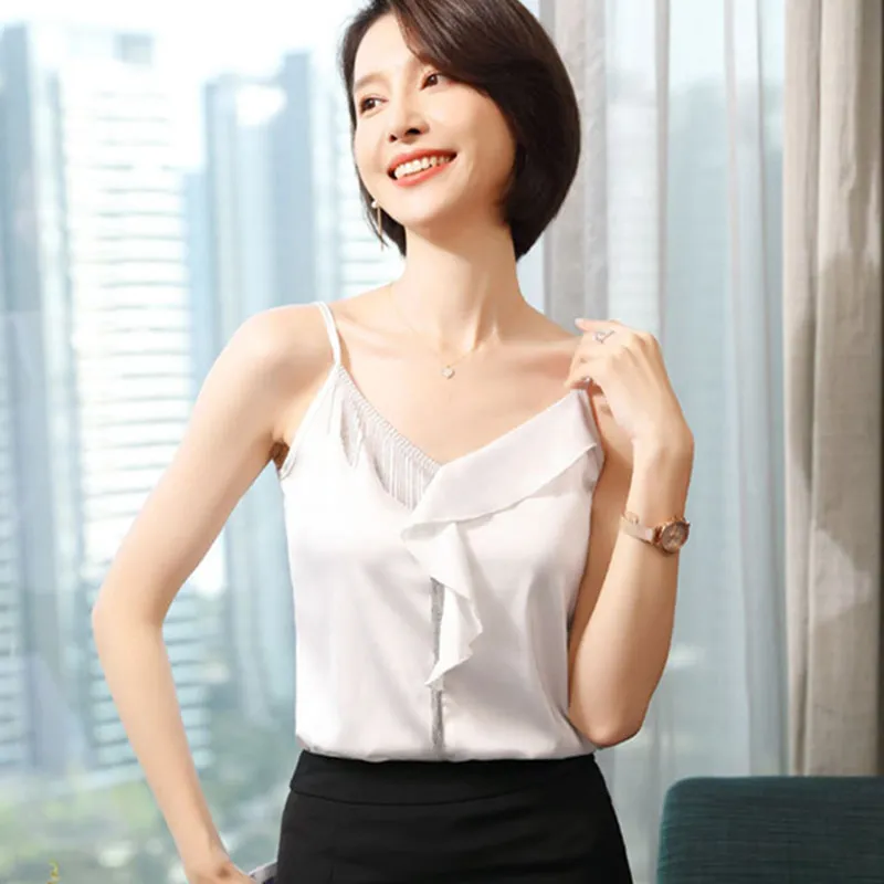 

Korean Silk Women Tops Woman Sleeveeless Satin Tanks Tops White Top Women V Neck Halter Top Ladies Ruffles Satin Tanks Plus Size