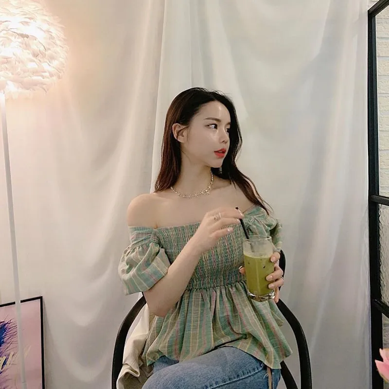 

Summer Women Sexy Green Shirt Elegant Short Sleeve Lantern Sleeve Office Shirt Square Collar Tops