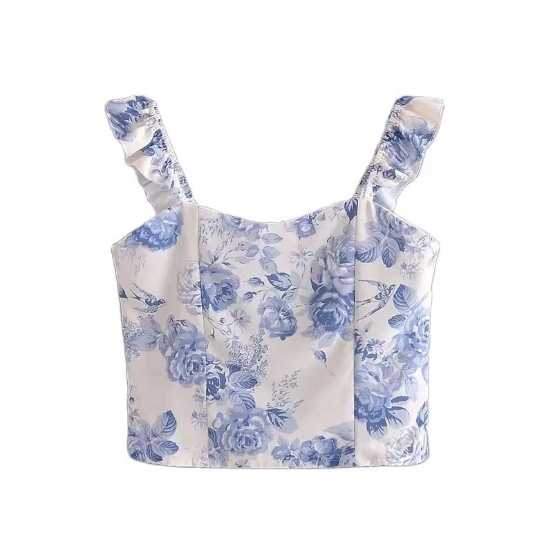 

ZXQJ Women Blue Flower Print Shirt 2022 Spring Fashion Ladies Sleeveless Ruffle Strap Vintage Blouse Female Chic Elastic Shirts