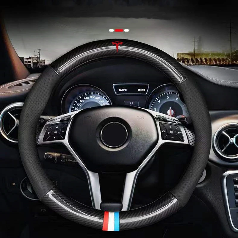 

For TESLA Model 3 X Y S Car Steering Wheel Cover Breathable Anti Slip PU Leather Steering Covers Suitable 38cm Auto Decoration