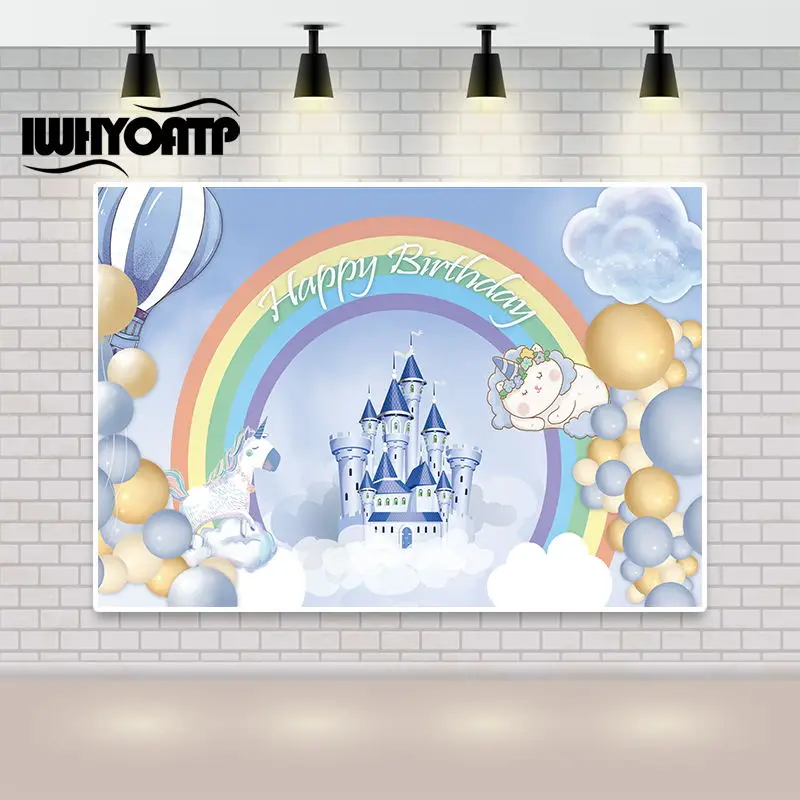 

IWHYOATP Unicorn Rainbow Castle Clouds Newborn Baby Shower Birthday Party Backdrop Vinyl Photography Photo Background Photophone