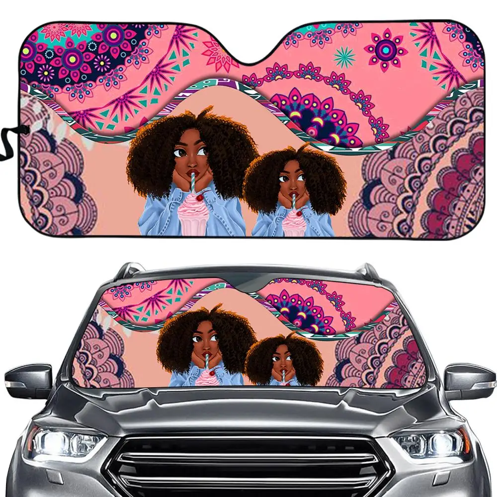 

INSTANTARTS Pink Bohemian Flower African Girl Fashion Auto Sun Shade for Car Women Front Windshield Sunshade Covers Durable 2020