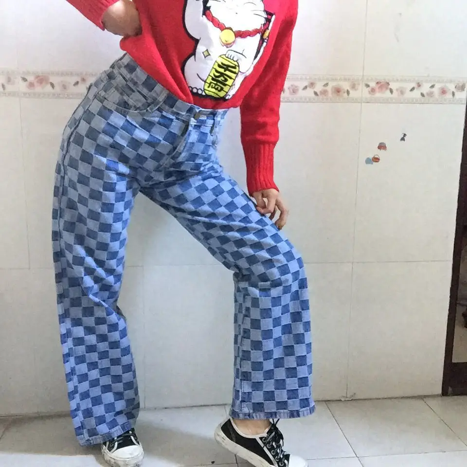 Корейская уличная одежда размера плюс в контрастную клетку джинсовые прямые