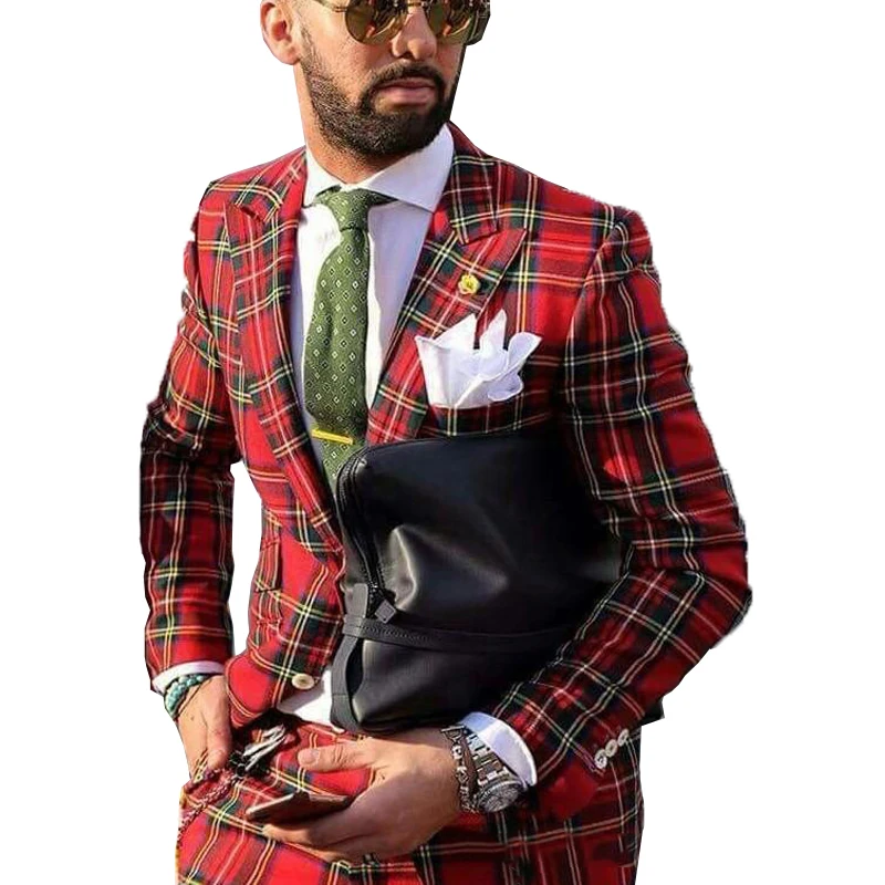 Мужской свадебный костюм из 2 предметов Красный Клетчатый жениха приталенный