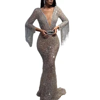 gorgeous tassels gown for sexy womens beautiful deep v neck mesh patchwork sequin maxi dress special occasion outfits 2021 new