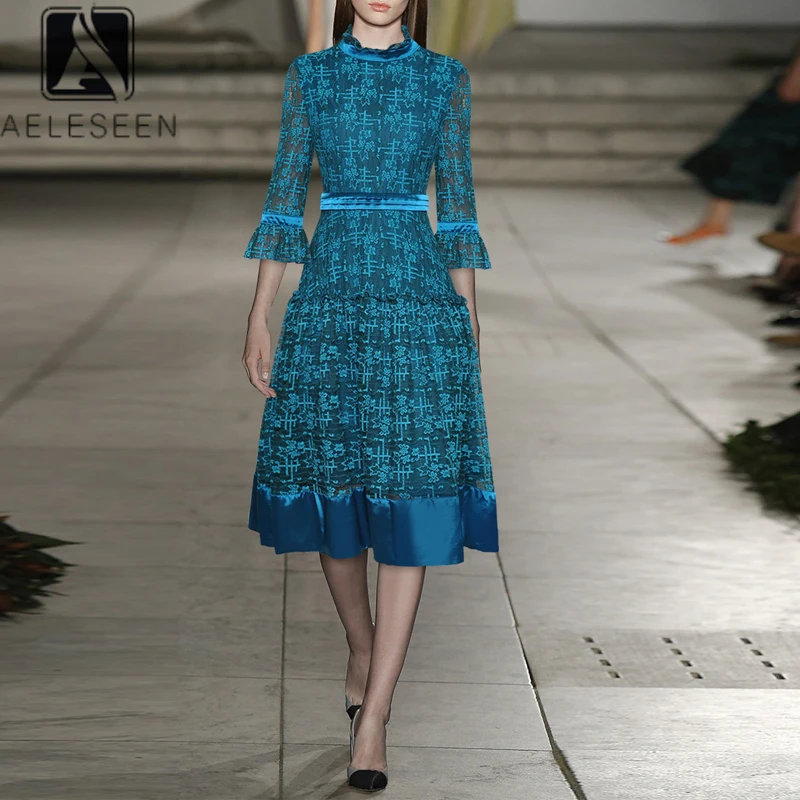 Женское модельное платье AELESEEN синее элегантное миди с рукавом 3/4 цветочной