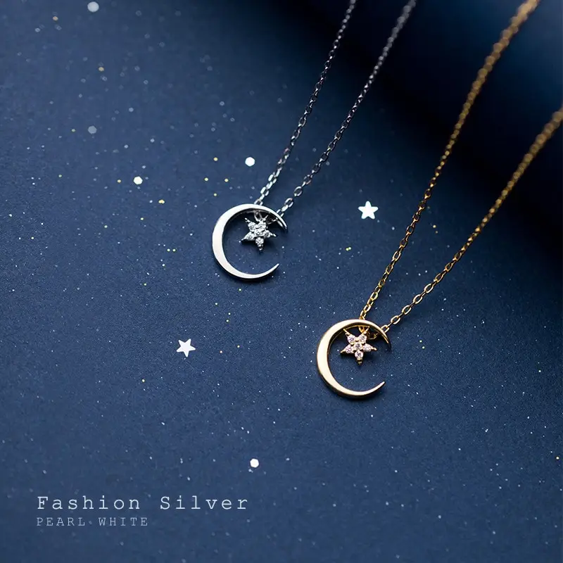 

A00867 925 Sterling Silver Minimalist Fashion Korean Star Moon Chain Charm Necklace for Women Chic Party Engagement Jewelr