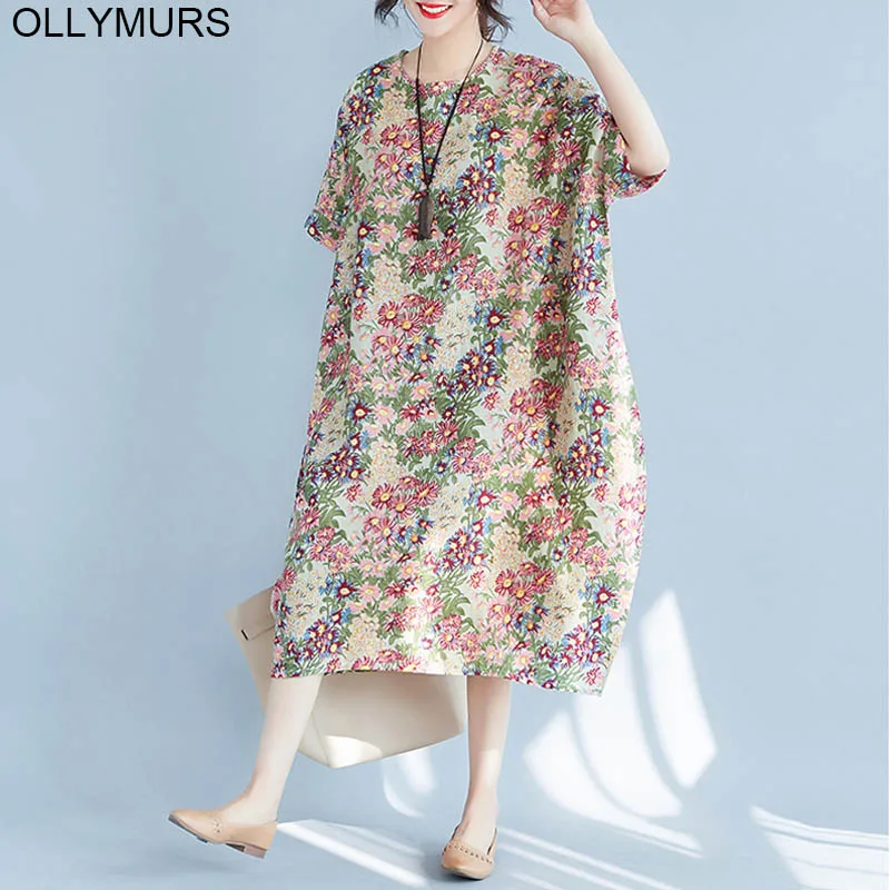 2019 Summer Fashion Loose Dress 4XL 5XL 6XL 7XL Plus Size Cotton Linen Women Art Printed Short Sleeve Floral Maxi | Женская одежда
